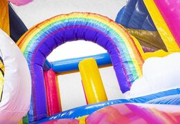 Coussin d'air gonflable sur le thème de la licorne pour enfants avec toboggan et achat d'objets dedans
