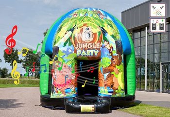 Groot opblaasbaar overdekt disco springkussen van 4,5 meter in thema jungle muziek kopen voor kinderen. Bestel opblaasbare springkussens bij JB Inflatables Nederland