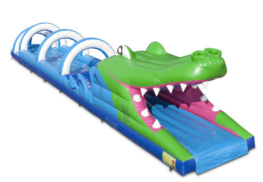 Commandez en ligne un toboggan ventral gonflable de 18 mètres sur le thème du crocodile pour vos enfants. Achetez des toboggans gonflables maintenant en ligne chez JB Gonflables France
