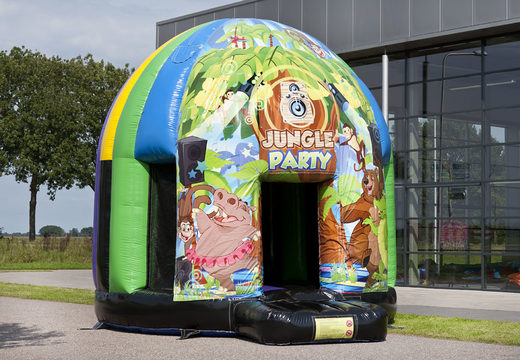 Commandez un château gonflable disco multi-thème de 4,5 mètres dans le thème Jungle Party pour les enfants. Achetez des château gonflable avec musique en ligne chez JB Gonflables France