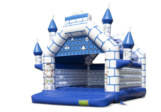 Achetez une grande château gonflable bleue et blanche couverte sur le thème des châteaux d'enfants. Disponible chez JB Gonflables France en ligne