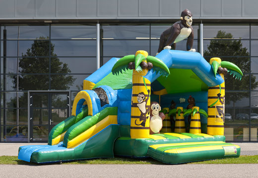 Achetez un château gonflable multifun avec un toit sur le thème de la jungle avec un objet 3D d'un gorille sur le dessus pour les enfants chez JB Gonflables France. Commandez des châteaux gonflables en ligne chez JB Gonflables France