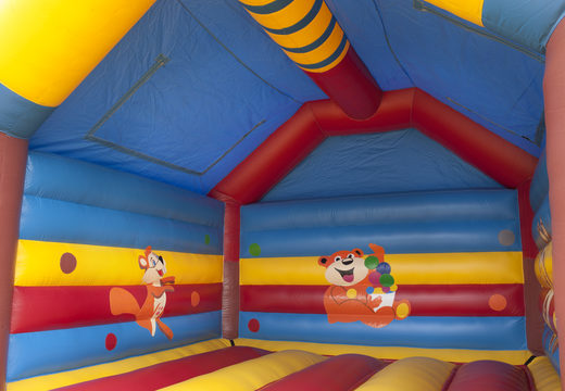 Grande château gonflable super couverte d'animations joyeuses sur le thème du singe pour les enfants. Commandez des châteaux gonflables en ligne chez JB Gonflables France