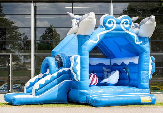 Achetez un château gonflable bleu multifun gonflable avec un toit sur le thème des dauphins avec des objets 3D sur le dessus pour les enfants chez JB Gonflables France. Commandez des châteaux gonflables en ligne chez JB Gonflables France