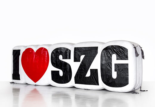 Achetez l'agrandissement du produit du logo gonflable I love SZG. Commandez des structures gonflables 3D maintenant en ligne chez JB Gonflables France