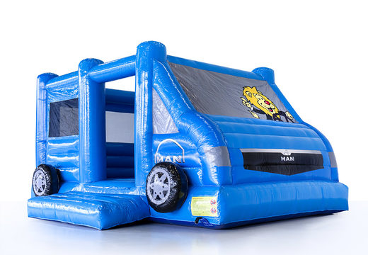 Château gonflable promotionnel de Man Truck and Bus van de couleur bleue pour événements à vendre. Achetez des promotionnels châteaux gonflables personnalisée en ligne chez JB Gonflables France