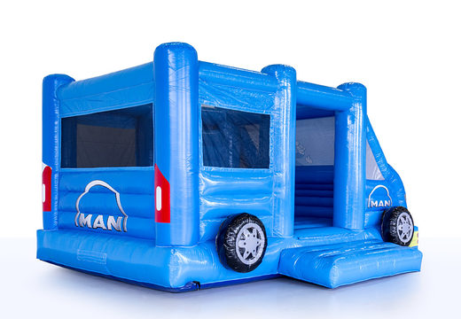 Achetez un château gonflable Man Truck and Bus van de couleur bleue sur mesure. Commandez dès maintenant un châteaux gonflables sur mersure dans votre propre style chez JB Gonflables France