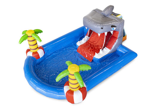 Achetez un grand château gonflable avec toboggan aquatique et piscine sur le thème des requins pour les enfants. Commandez des châteaux gonflables en ligne chez JB Gonflables France