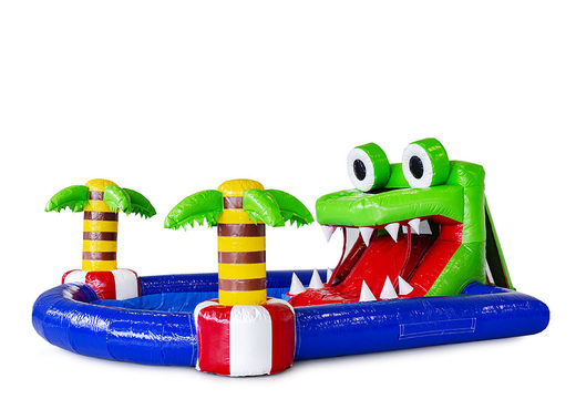 Mini parc château gonflable avec toboggan aquatique et piscine sur le thème du crocodile pour les enfants. Achetez des châteaux gonflables en ligne chez JB Gonflables France