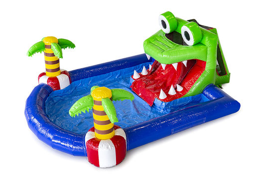 Achetez grand château gonflable avec toboggan aquatique et piscine dans le mini parc thème crocodile pour les enfants. Commandez des châteaux gonflables en ligne chez JB Gonflables France