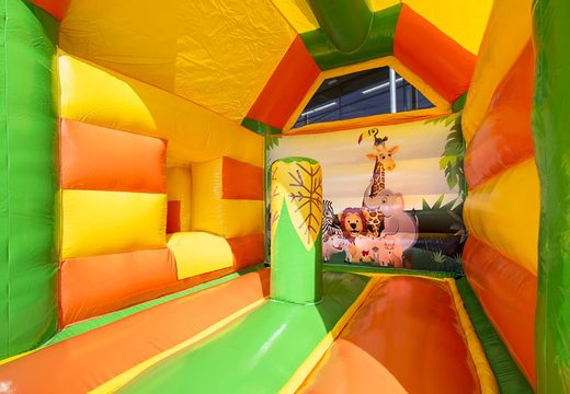 Commandez un château gonflable midi multifun bleu avec toit pour enfants sur le thème de la jungle. Achetez des châteaux gonflables en ligne chez JB Gonflables France