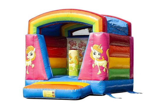 Petite château gonflable sur le thème de la licorne arc-en-ciel à acheter pour les enfants. Disponible chez JB Gonflables France en ligne