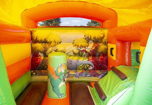 Achetez un petit château gonflable multifonctionnel avec toboggan sur le thème des dinosaures pour les enfants. Les châteaux gonflables sont disponibles en ligne chez JB Gonflables France