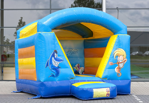Petite château gonflable avec toit pour les enfants à acheter sur le thème du monde marin bleu et jaune. Achetez des châteaux gonflables en ligne chez JB Gonflables France