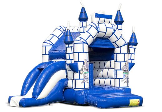 Château gonflable midi multifun pour enfants à vendre dans une combinaison de couleurs bleu et blanc sur le thème du château. Disponible en ligne chez JB Gonflables France