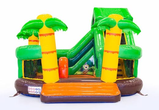 Château gonflable géant Funcity Jungle avec un toboggan à l'intérieur, l'objet 3D sur la surface de saut et le design amusant de la jungle pour les enfants. Achetez des super châteaux gonflables en ligne chez JB Gonflables France