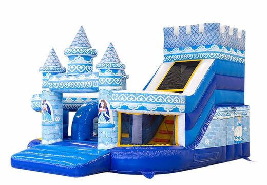 Achetez un château gonflable XXL bleu ouvert avec toboggan à thème princesse funcity pour enfants. Commandez des super châteaux gonflables en ligne chez JB Gonflables France