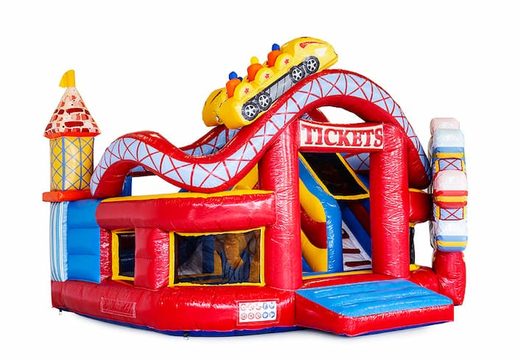 Château gonflable géant Funcity Rollercoaster avec un toboggan à l'intérieur et l'objet 3D sur la surface de saut pour les enfants. Commandez des château gonflable XXL en ligne chez JB Gonflables France