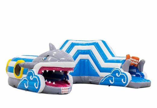 Commandez un playzone gonflable tunnel à requins avec des obstacles, une rampe d'escalade et un toboggan pour les enfants. Achetez des playzone gonflables en ligne chez JB Gonflables France