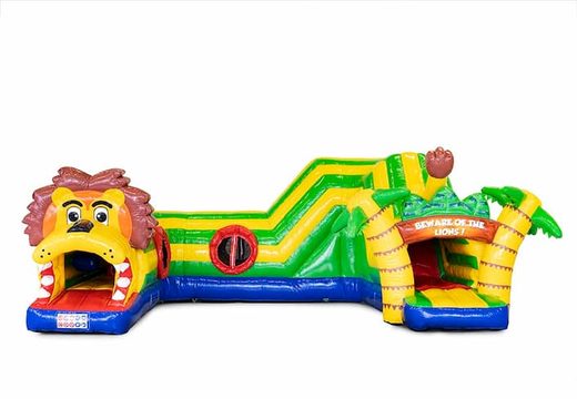 Commandez un playzone gonflable de lion à tunnel rampant avec des obstacles, une pente d'escalade et une piste de glissade pour les enfants. Achetez des playzone gonflables en ligne chez JB Gonflables France