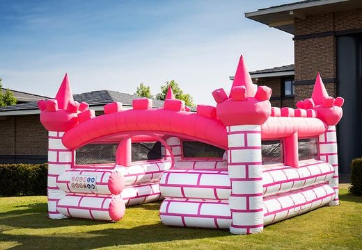 Opblaasbaar open bubble boarding park springkussen met schuim bestellen in thema roze prinses kasteel castle voor meiden