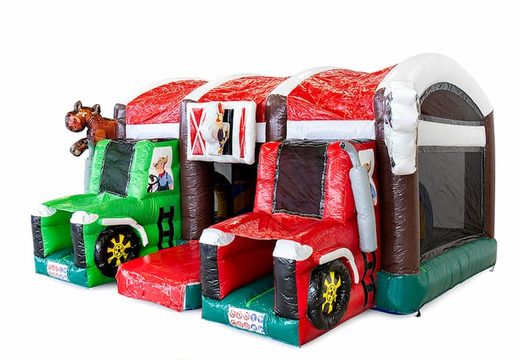Achetez un château gonflable géant multijeux d'intérieur avec toboggan sur le thème du tracteur de ferme pour les enfants. Commandez des super châteaux gonflables en ligne chez JB Gonflables France