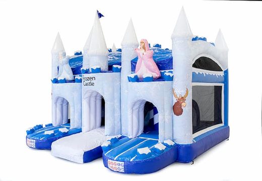 Achetez un château gonflable géant multijeux couvert bleu et blanc avec toboggan à thème glacée congelée pour les enfants. Commandez des super châteaux gonflables en ligne chez JB Gonflables France
