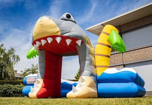 Opblaasbaar open bubble boarding park springkasteel met schuim kopen in thema haai shark world voor kinderen