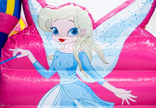 Châteaux gonflables multiplay Fairy Wonderland avec un toboggan et des objets amusants sur la surface de saut pour les enfants. Commandez des toboggan châteaux gonflables en ligne chez JB Gonflables France