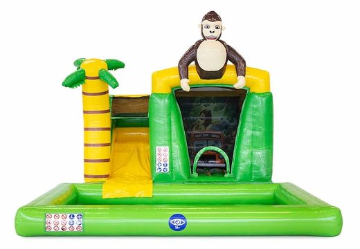 Achetez un mini château gonflable vert splash sur le thème de la jungle avec un objet 3D d'un gorille sur le dessus. Commandez des châteaux gonflables en ligne chez JB Gonflables France