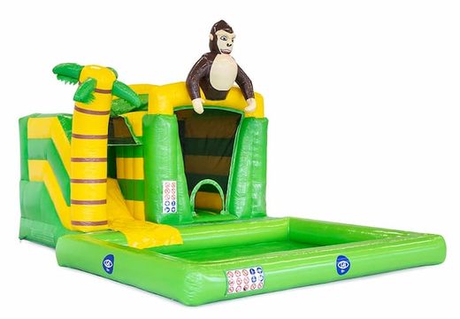 Achetez un petit château gonflable vert splash pour les enfants sur le thème de la jungle avec un objet 3D d'un gorille chez JB Gonflables France