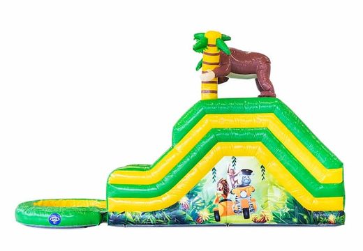 Achetez un château gonflable toboggan sur le thème de la jungle avec un objet 3D d'un gorille chez JB Gonflables France. Commandez des châteaux gonflables en ligne chez JB Gonflables France