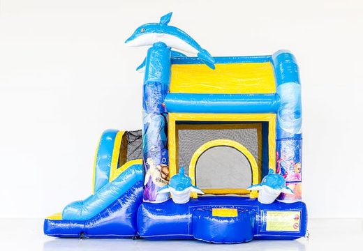 Commandez le château gonflable Jumpy extra fun des dauphins sur le thème des dauphins avec un toboggan pour les enfants. Achetez des mini multiplay en ligne chez JB Gonflables France