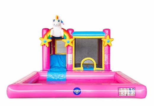 Opblaasbaar Multi Splash Bounce Unicorn springkasteel met waterbadje kopen in thema unicorn eenhoorn regenboog rainbow voor kinderen bij JB Inflatables