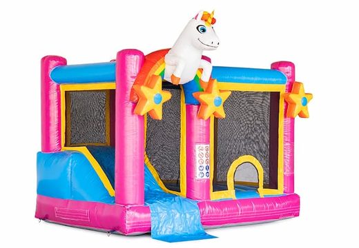Opblaasbaar Multi Splash Bounce Unicorn luchtkussen met zwembadje bestellen in thema unicorn eenhoorn regenboog rainbow voor kinderen bij JB Inflatables