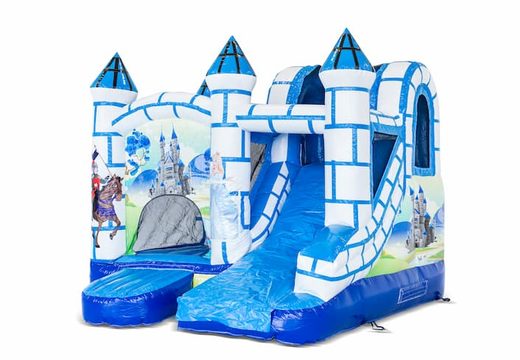 Commandez un petit château gonflable multijeux d'intérieur à thème château bleu et blanc avec toboggan pour enfants. Achetez des mini château gonflable en ligne chez JB Gonflables France
