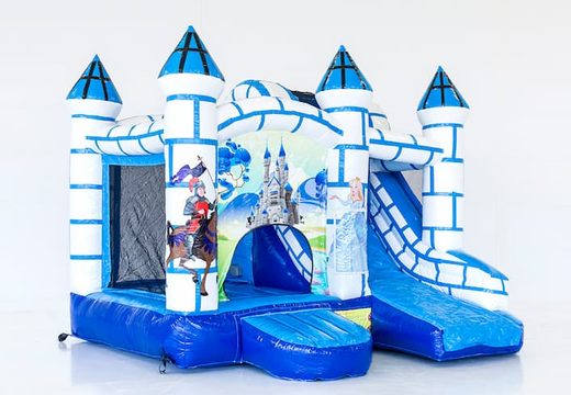 Achetez un mini château gonflable bleu et blanc dans un thème de château pour les enfants. Commandez des petit château gonflable avec toboggan en ligne chez JB Gonflables France