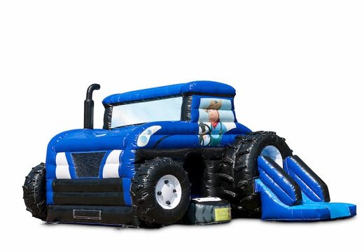 Opblaasbaar overdekt blauw maxi multifun springkussen met glijbaan kopen in thema tractor trekker voor kinderen. Bestel online springkussens bij JB Inflatables Nederland