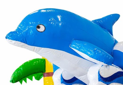 Achetez un mini château gonflable multijoueur sur le thème des dauphins bleus avec toboggan pour enfants. Mini château gonflable à vendre chez JB Gonflables France