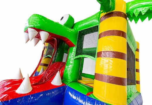 Achetez un petit château gonflable avec toboggan sur le thème du crodile  pour enfants. Commandez ces mini multiplay en ligne chez JB Gonflables France