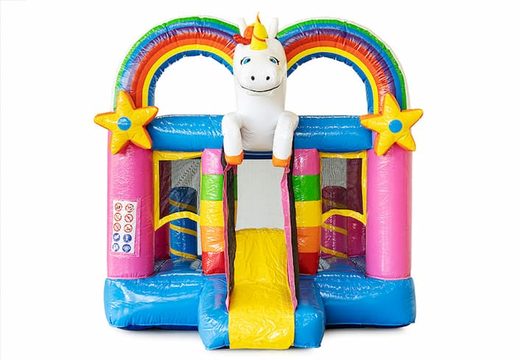 Achetez un mini château gonflable sur le thème de la licorne colorée avec toboggan. Mini multiplay pour enfants à vendre chez JB Gonflables France