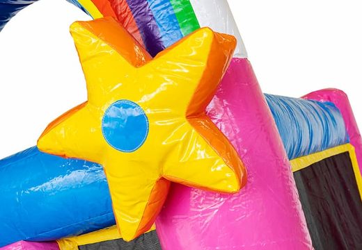 Mini château gonflable coloré sur le thème de la licorne avec toboggan à vendre. Achetez des mini multiplay pour enfants en ligne chez JB Gonflables France