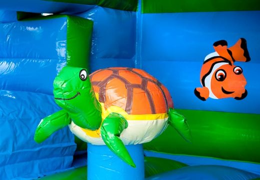Commandez une château gonflable multifonctionnelle avec une superbe figurine de tortue 3D en haut et un toboggan pour les enfants. Achetez des châteaux gonflables en ligne chez JB Gonflables France