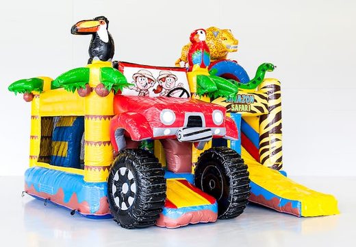 Château gonflable multiplay de safari amazon avec un toboggan, des objets amusants sur la surface de saut et des objets 3D accrocheurs pour les enfants. Commandez des toboggan châteaux gonflables en ligne chez JB Gonflables France