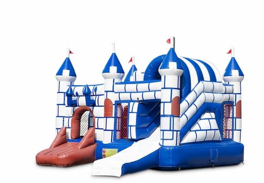 Acheter châteaux gonflables multiplay d'intérieur à thème bleu et blanc avec toboggan pour enfants. Commandez des toboggan châteaux gonflables en ligne chez JB Gonflables France
