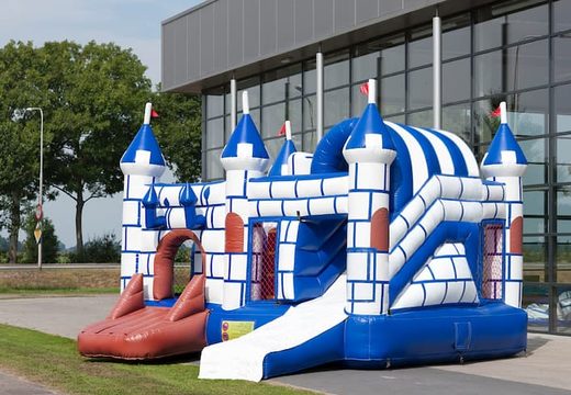 Achetez un châteaux gonflables multiplay de taille moyenne sur le thème du château bleu blanc avec toboggan pour les enfants. Commandez des toboggan châteaux gonflables en ligne chez JB Gonflables France