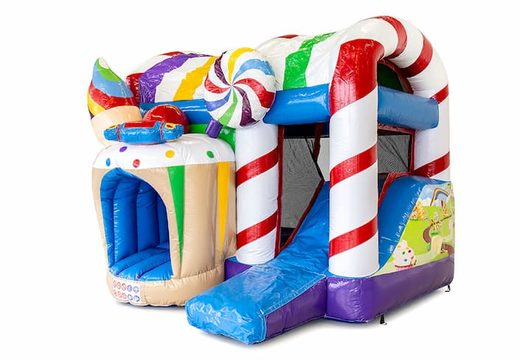 Achetez un petit château gonflable multijoueur d'intérieur avec toboggan sur le thème du monde des bonbons pour les enfants. Commandez des mini multiplay en ligne chez JB Gonflables France