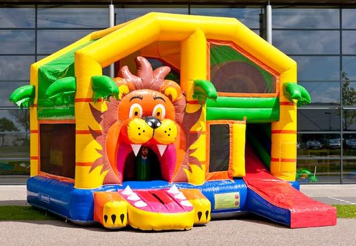 Châteaux gonflables multiplay moyen sur le thème du lion pour les enfants. Commandez des toboggan châteaux gonflables en ligne chez JB Gonflables France