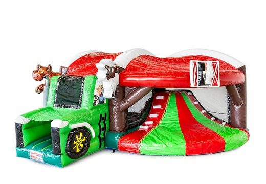 Achetez un châteaux gonflables multiplay d'intérieur avec toboggan sur le thème du tracteur de ferme pour les enfants. Commandez un toboggan châteaux gonflables en ligne chez JB Gonflables France