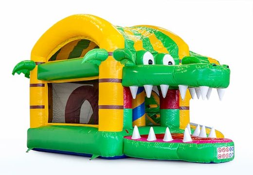 Châteaux gonflables multiplay sur le thème du crocodile avec des objets 3D à l'intérieur et un toboggan pour les enfants. Achetez des toboggan châteaux gonflables en ligne chez JB Gonflables France
